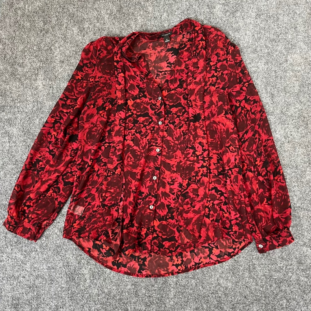 Ann Taylor Red Black Floral Tie Neck Blouse Long Sleeve Button Down Top Medium